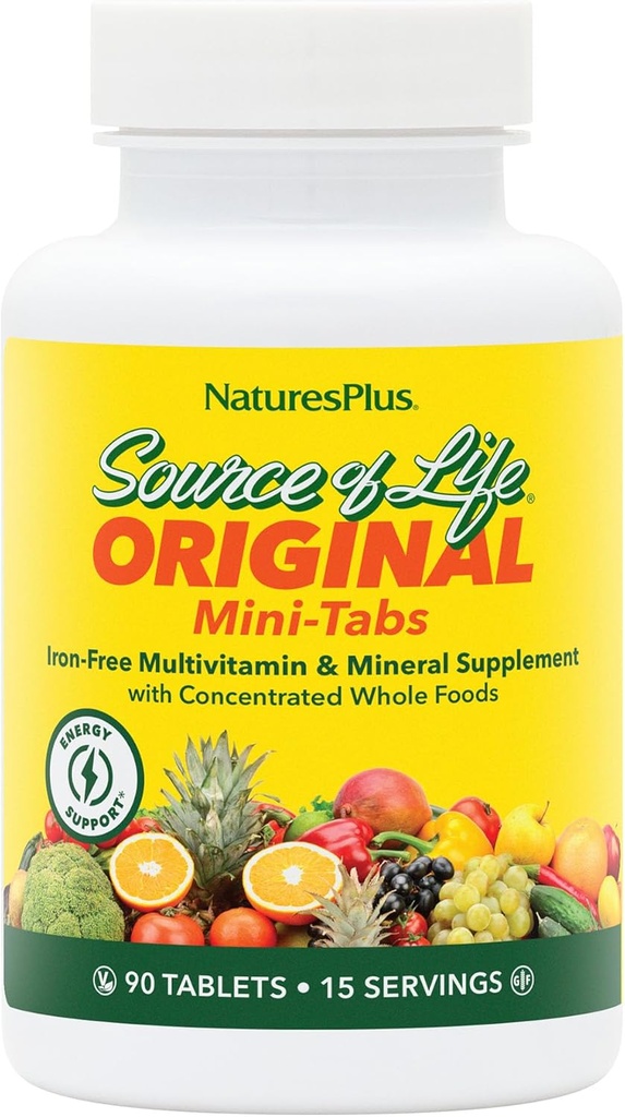 Natures Plus Life Mini-Tabs No Iron - 90 Vegetarian Mini Tabletlər - Sağlık və Enerji üçün Swallow Natural Whole Food Multivitamin & Mineral - 15 Xidmət