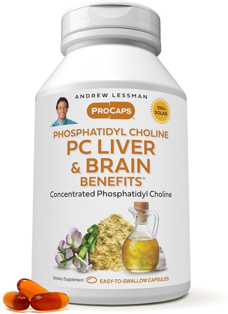 ANDREW LESSMAN PC Liver and Brain Benefts 180 Softgels - Pfoshatidyl Chooline, Paling Penting Gedung Blok untuk Hati dan Struktur Otak, Fungsi. Tidak ada Addonist. Mudah untuk Swallow Softgels