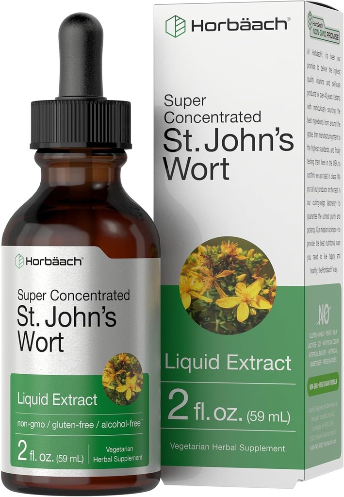 Horbäach St Johns Wort Tincture | 2 Fl Oz | 알코올 무료 | 채식 액체 추출 | Non-GMO, 글루텐 무료 보충