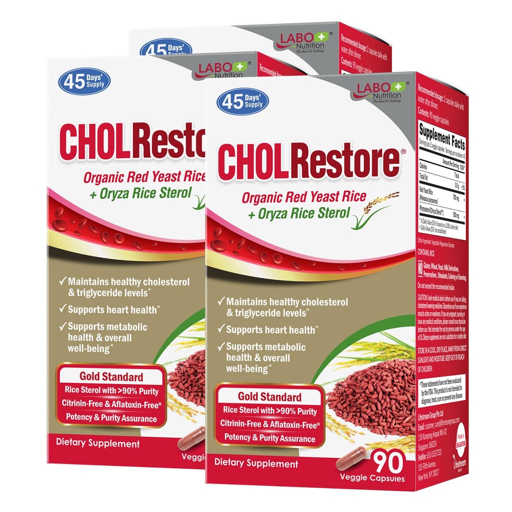 LABO Nutrition CHOLRestore – Red Yeast Rice with Phytosterol Health Supplement, Supports Healthy Cholesterol Levels, Citrinin & Aflatoxin Free, 90 Vege Capsules 3x3
