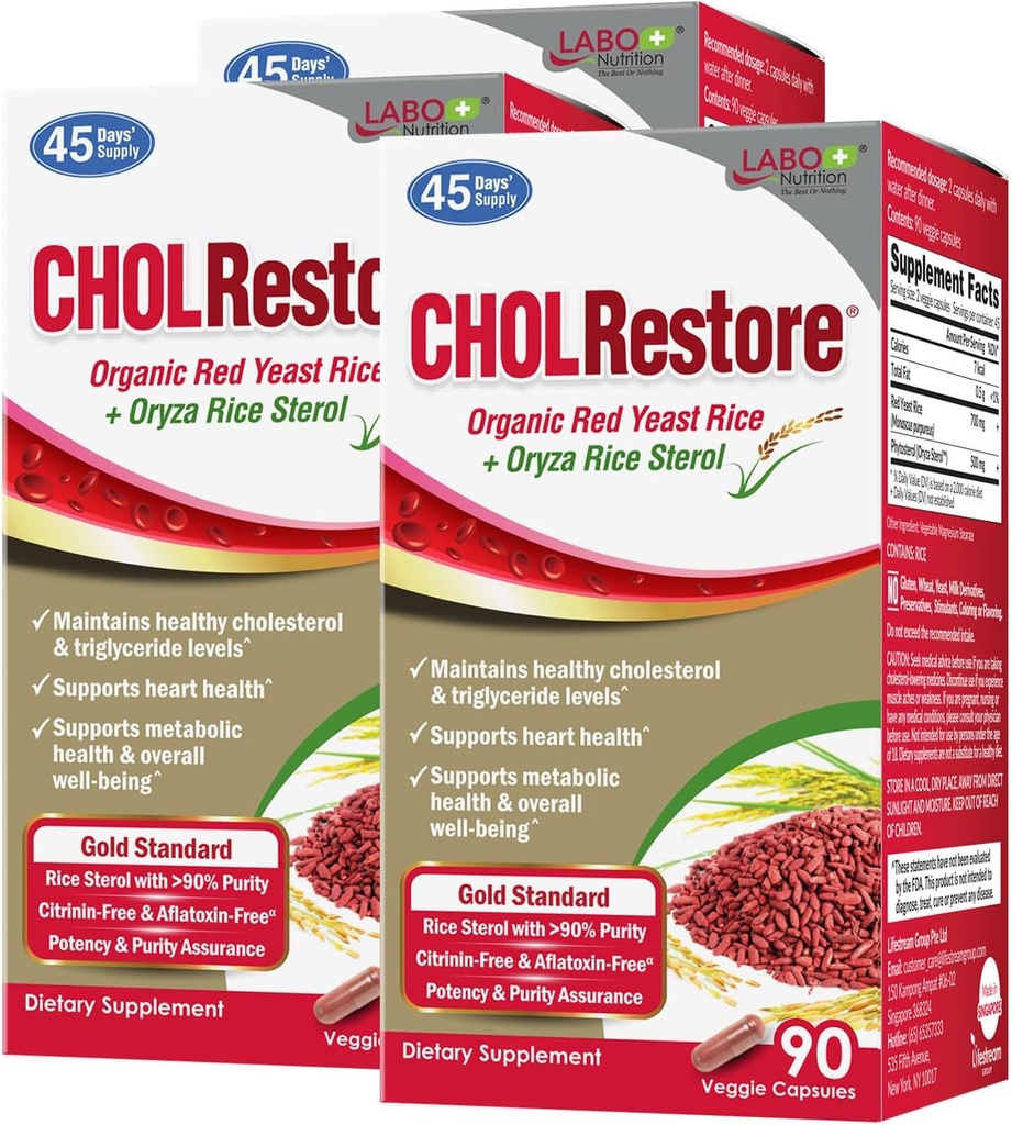 Nutrición LABO CHOLRestore - arroz de lévedo vermello con suplemento de saúde de fitosterol, soporta niveis de colesterol saudables, Citrinina e aflatoxinas libres, 90 cápsulas de vege 3x3