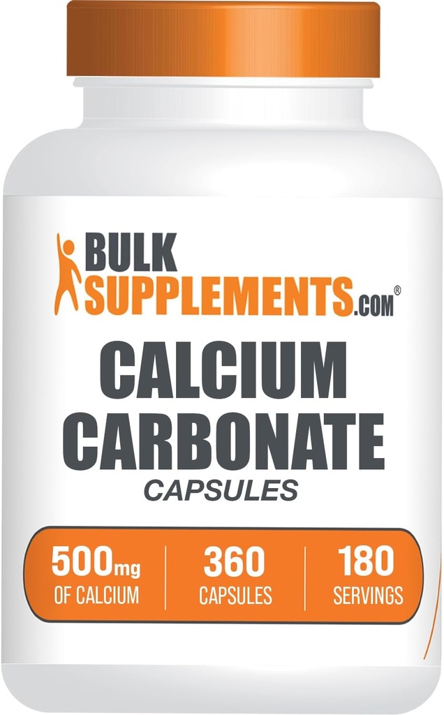 BulkSupplements.com Calcium Carbonate kapsulak - Calcium Carbonate osagarria, Calcium Carbonate 500mg - Calcium Supplement, Gluten Free, 2 kapsulak zerbitzatuko, 360 kapsula (1eko paketea)