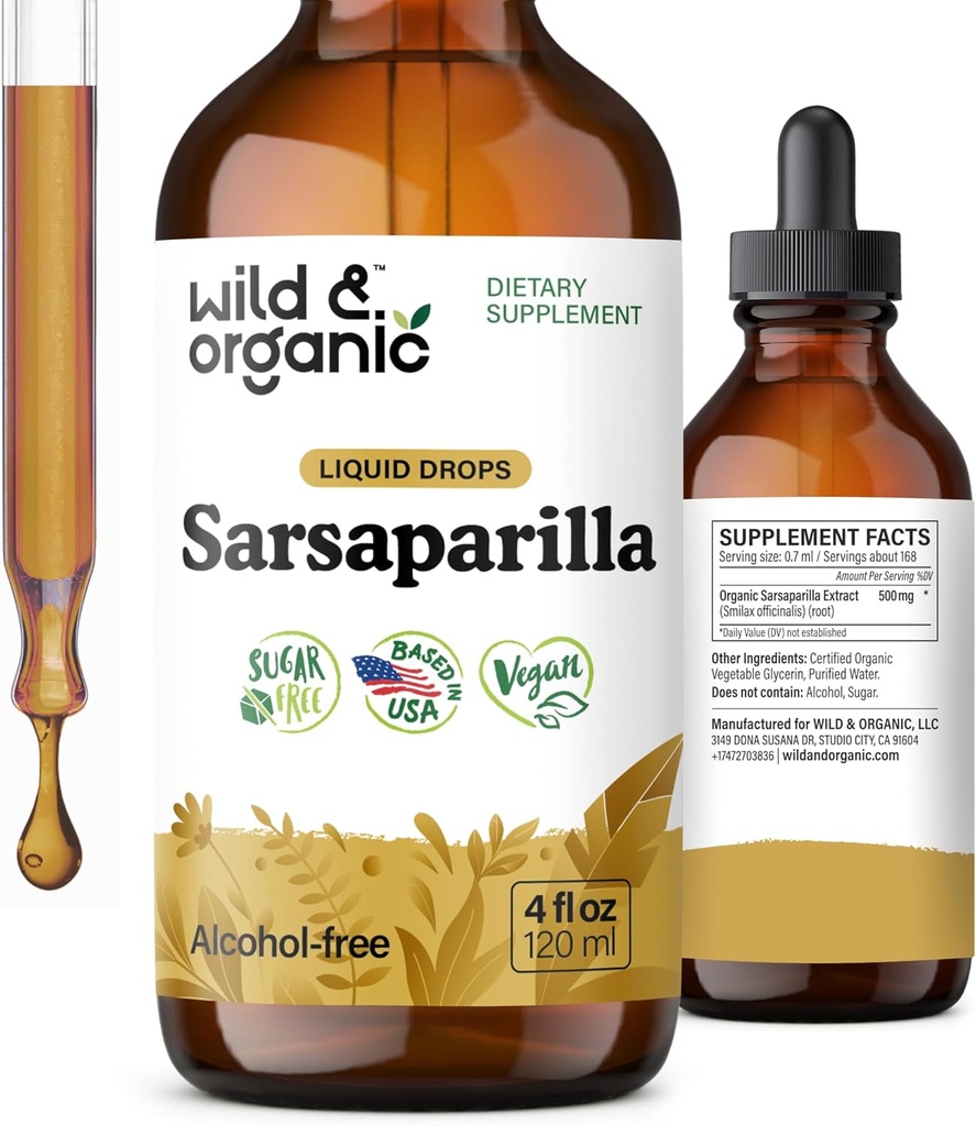 Wild & Organic Sarsaparilla Root Tincture - תמיכה כוללת - Sarsaparilla Extracts - טבעוני, סוכר ואלכוהול חינם טיפות - 4 oz oz