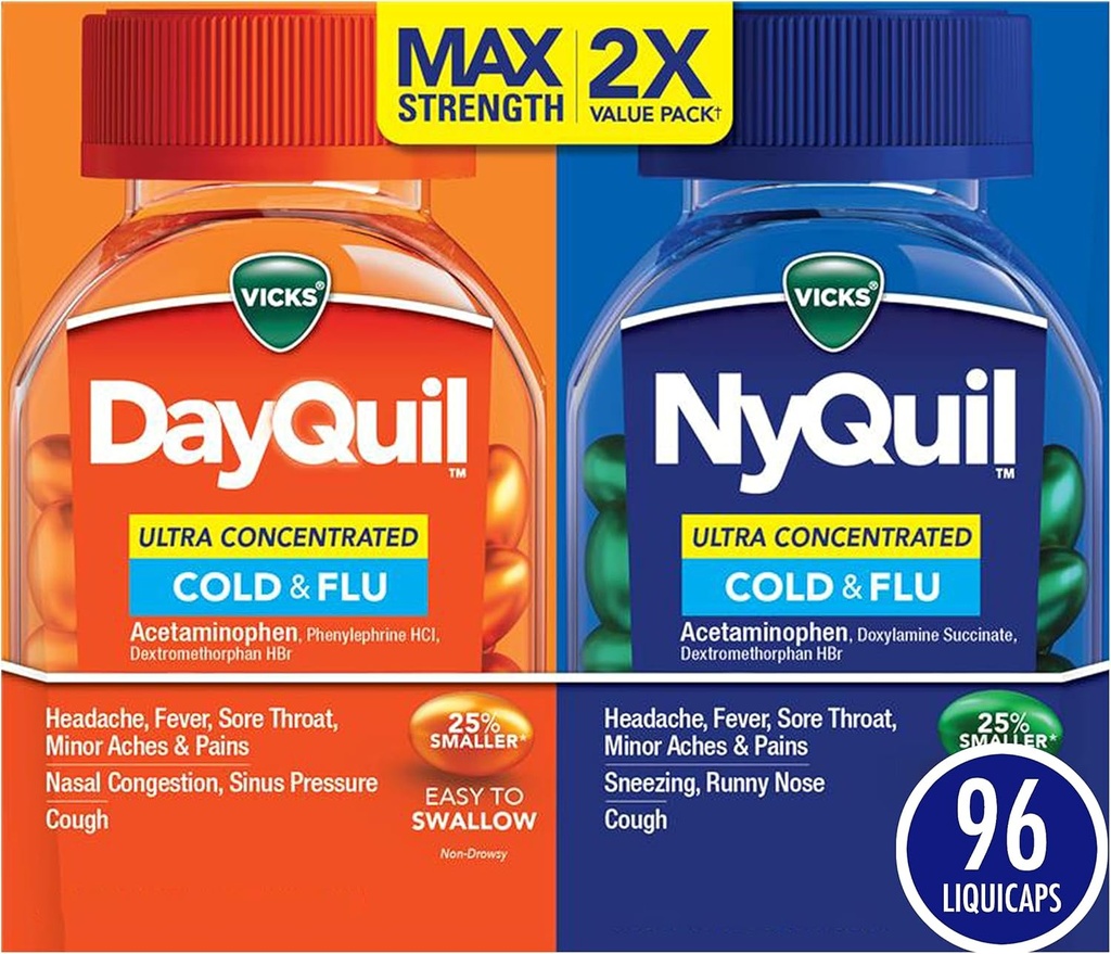 Vicks DayQuil & NyQuil Ultra concentrado Liquicaps Co-Pack, Cold & Flu Medicine, Powerful Multi-Symptom Daytime & Nighttime Alief para dor de cabeça, febre, dor de garganta, dores menores e dores, & tosse, 96ct