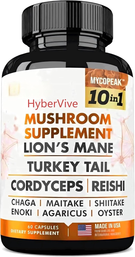 Supplément de champignons 10x Complexe - Lions Mane, Turquie Tail, Cordyceps, Reishi, Chaga, Maitake, Shiitake, Oyster Extract Mushrooms - Suppléments de soutien au cerveau nootrope pour la mémoire et le focus