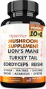 Suplemento de cogomelos 10x Complex - Lions Mane, Turquía Tail, Cordyceps, Reishi, Chaga, Maitake, Shiitake, extracto de ostra - Suplementos de soporte cerebral nootrópicos para memoria e foco