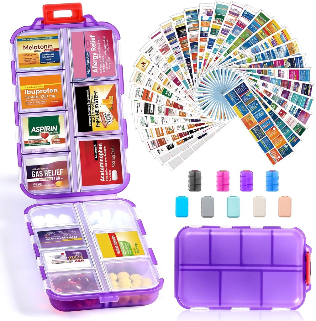 14 Grids Travel Pill Organizer Box with 415-Pcs Medicine Name Labels, Pocket Daily Pharmacy Case Edukiontzi, Travel Medication Holder Dispenser Kit for Fish Oil Vitamin Storage -Clear Purple