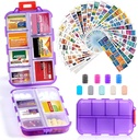 14 Grids Travel Pill Organizer Box con 415-Pcs Medicine Name Etichette, Pocket Daily Pharmacy Case Container, Travel Farmer Dispenser Kit per Fish Oil Vitamin Supplement Storage -Clear Purple