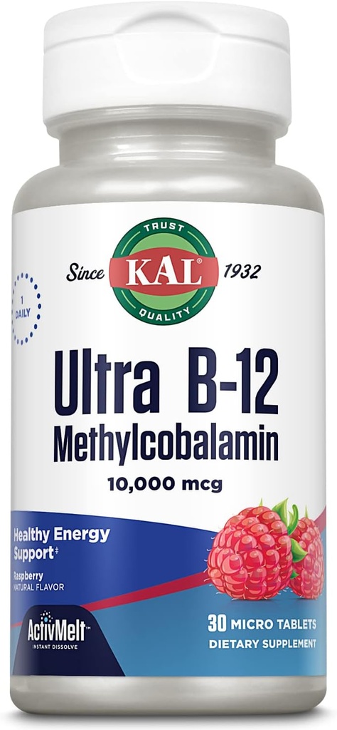 KAL Ultra B12 Methylcobalamin 10.000mcg, Hohe Potenz Vitamin B-12 für gesunde Energie, Stoffwechsel, Nerve, Red Blood Cell Support,* Natürliche Raspberry Flavor, Vegetarisch, 30 Micro Tabletten, 30 Servierungen