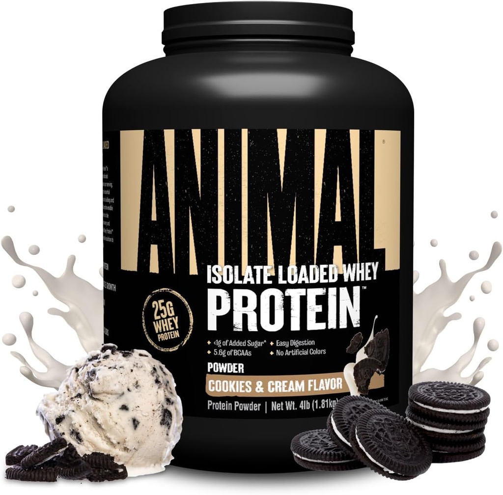 Animal Wei Isolaat Proteïne Poeder - geladen voor pre & post workout Muscle Builder and Recovery met decompensative Enzymes for Men & Women - 25g Protein, Great Taste, Low Sugar - Cookies & Cream 4 lbs