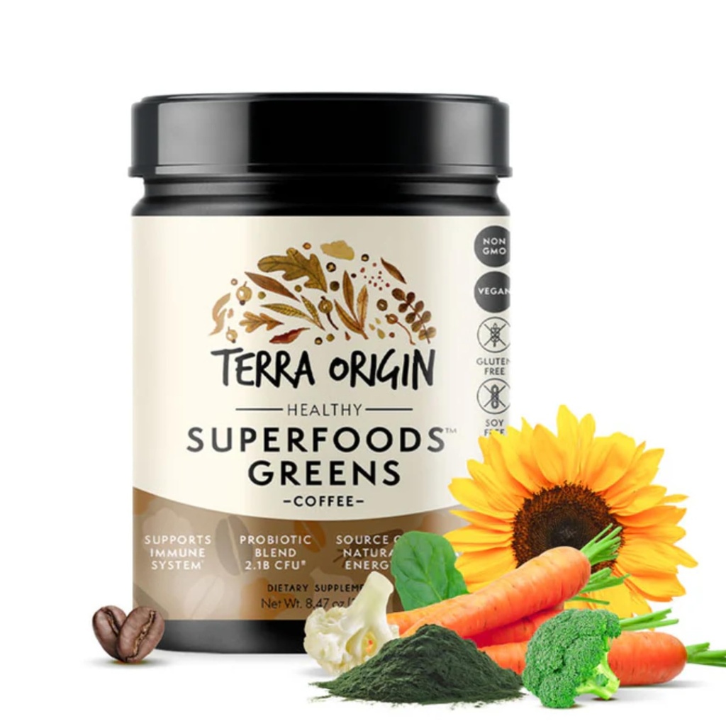 TERRA ORIGIN Superfoods Greens Blend | Organic Vegetable Supplement with Tumeric, Milk Thistle, Green Tea, Chlorella | Non-GMO, Gluten-Free, Vegan | Coffee | 30 Servings