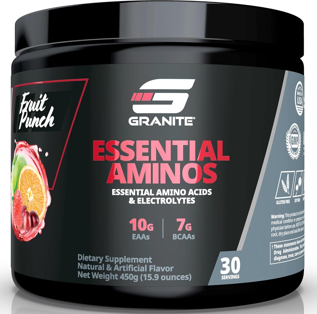 Granite Esprious Amino Acids Powder for Muscle Recovery and Growth with 10g EAS and 7g BCAAs - Soy- Free, Gluten- Free, 448g (30 Servings), Fruit Punch Flavor