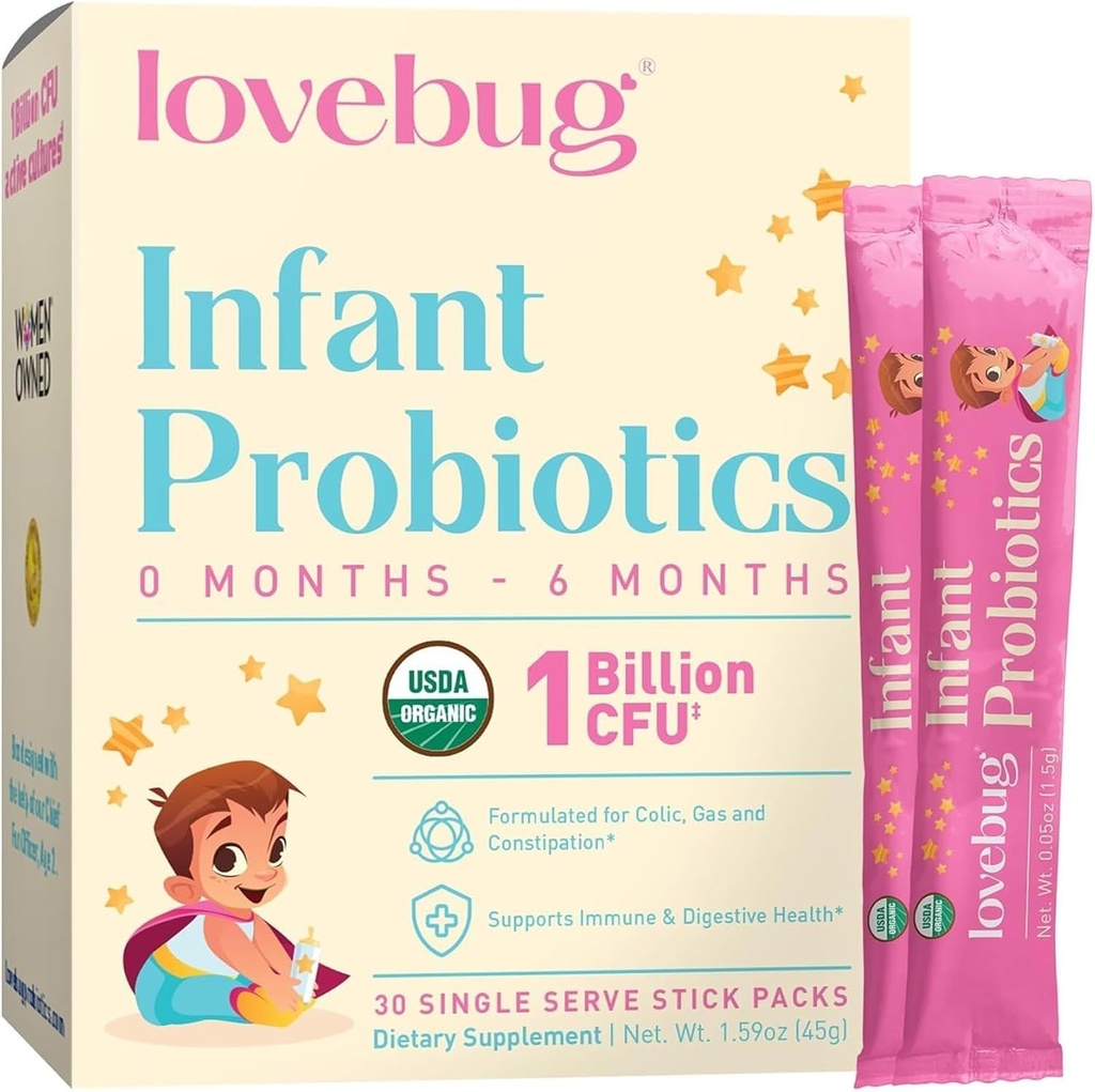 MOLBUG Infant Probiòtics 0-6 mesos - Orgueic USDA Probiotics per a nadons, ajuda a Nadons Gas, Colica, Diarhea i nova subtitulació de policia, Alerg i Sugar Free, gust sense gust per als nadons, 30 paquets