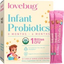 Probióticos infantís LOVEBUG 0-6 meses - Probióticos orgánicos de USDA para bebés, soporta gas bebé, colico, diarrea e alivio de estreñimiento nados, allergen & Sugar Free, pó sen sabor, 30 Pack
