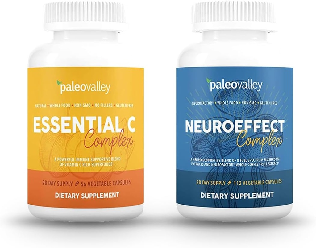 Paleovalley NeuroEffect + Essential C Complex Bundle - Neuro Mushroom Coffee Extract, C-vitamiini täydentää 450g Focus, Muisti, Energia, Immuunituki, Organic Superfoods