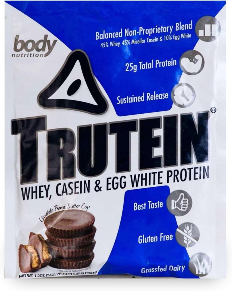 Body Nutrition Trutein High Protein Powder: 45% Whey, 45% Casein, 10% Egg White, Gluten-Free, Low Sodium, Grass Fed Whey Protein, Gym Supplement & Breakfast Shake, Chocolate Peanut Butter, 34g Sample