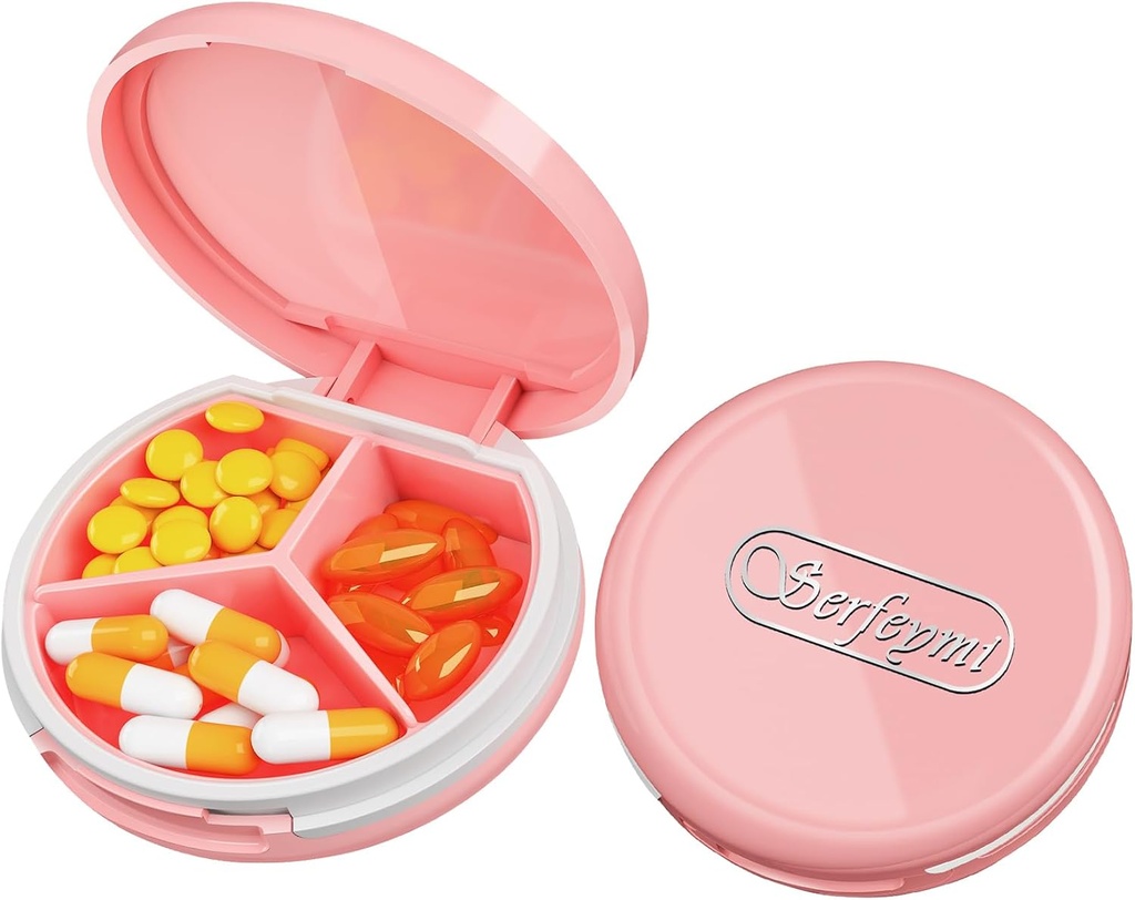 Serfeymi Small Pill Box - 3 kompartmenty Přenosný Pill Box pro kapsy kabelky, Kompaktní Mini cestovní Pill Pouzdro - Vhodné pro medicínu, Vitamin, Rybí olej, doplňky - Pink (Logo)