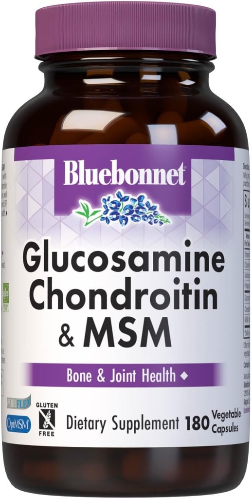 Bluebonnet Nutrition Glucosamine Chondroitin Plus MSM, Glucosamine, Chondroitin Sulfate, ויטמין C & OptiMSM, Bone & Joint Health, non GMO, Gluten Free, Soy חינם, חלב, 180 קפסולות ירקות