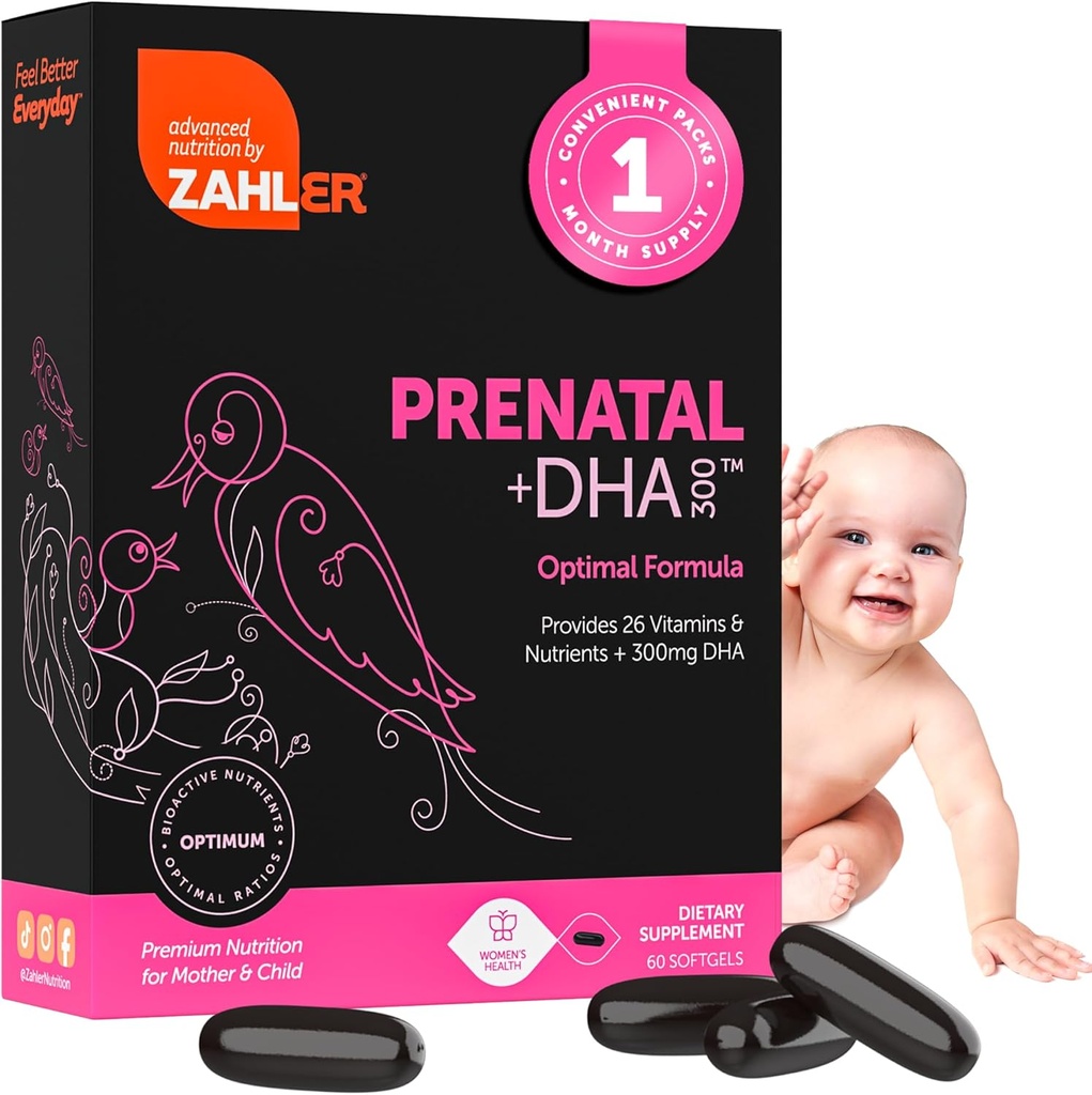 Zahler Prenatal Vitamin med DHA & Folate - DHA Supplements & Prenatal Multivitamin för mor och barn - Kosher Prenatal DHA Prenatal Vitaminer med järn, Pre Natal Softgels 60 Count