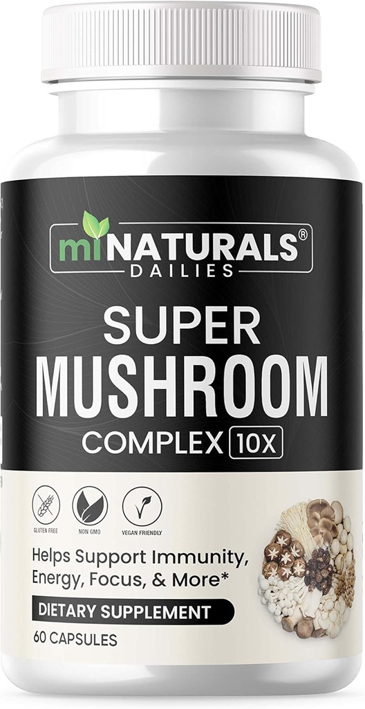 MINATURÁLY Komplexní kapsle - Lion 's Mane, Reishi, Cordyceps, Chaga, Turecko Ocas, Maitake - Doplněk Real Fruiting Body - 10 v 1