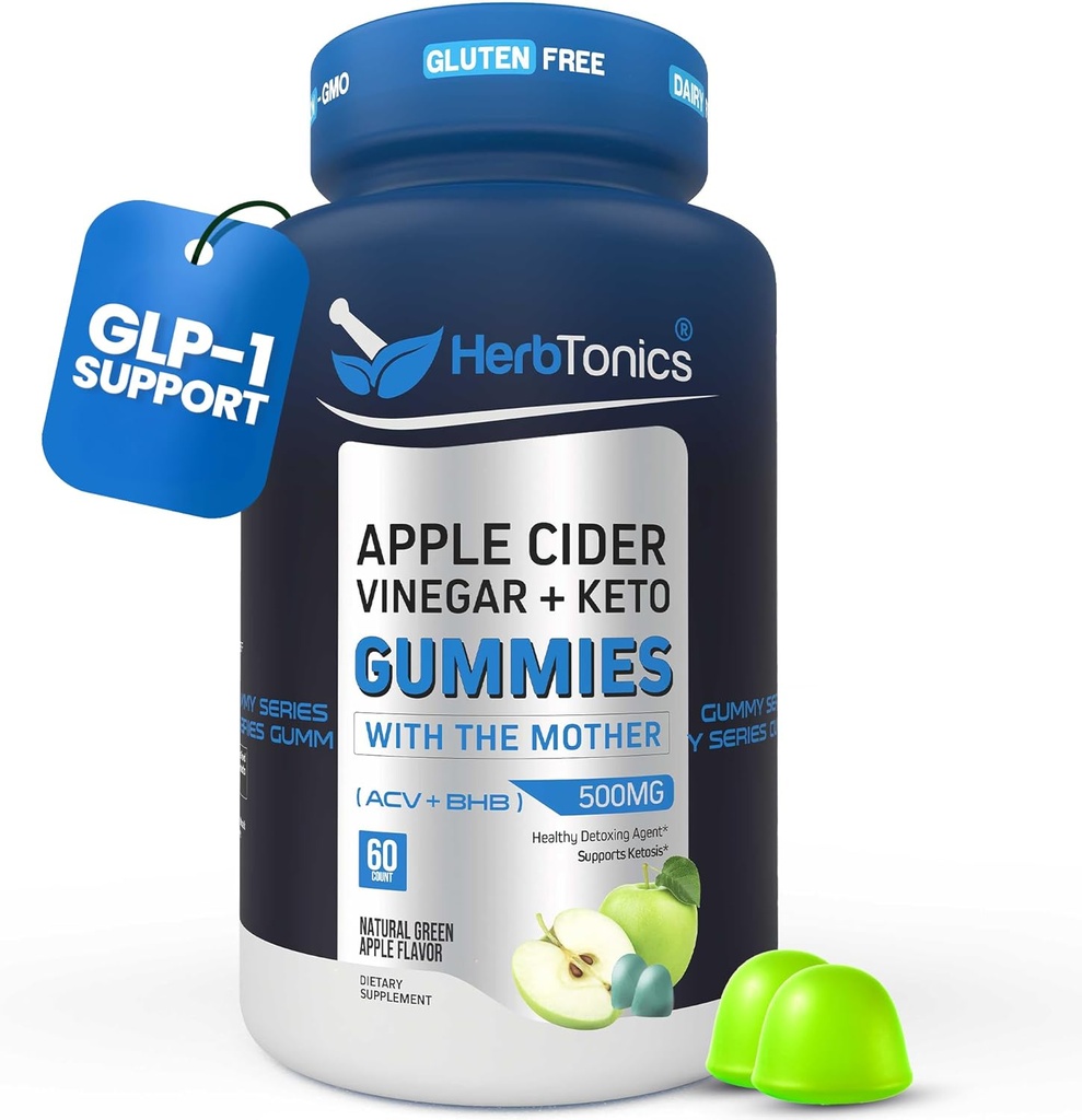 Herbtonics Keto Apple Cider Vinegar Gummies | Digestion " Detox | GLP-1 Support | Sugar Free BHB Advanced Formula for Keto Support - Raw ACV with The Mother - 60 Vegan ACV Gummies