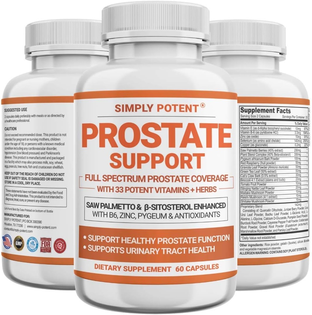 תוספי Prostate עבור גברים, Saw Palmetto Prostate תמיכה W / 33 ויטמין & Herbs - Beta Sitosterol Plus B6, Selenium & Zinc for Healthy Urination Frequency & Flow & תקינה Sleep (60 קפסולות)