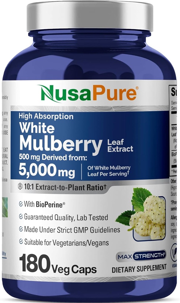 NusaPure White Mulberry Leaf Extract 10:1 Extract, 500 mg Еквивалентно на 5000mg 180 Veg Caps (Vegan, Non ГМО Bioperine)