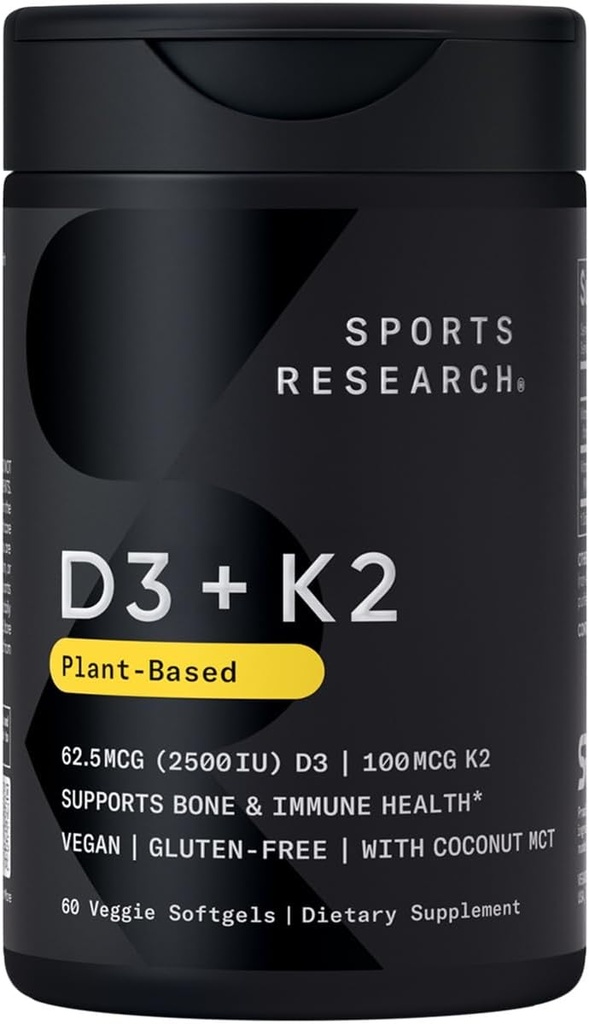 Sports Research® Vitamina D3 + K2 w / Óleo de coco - Vegan Vitamina D 2500iu (62.5mcg) & Mk7 Vitamina K 100mcg para suporte ósseo e imunológico - Vegan Certified · Não-GMO · Soy Free - 60 Softgels