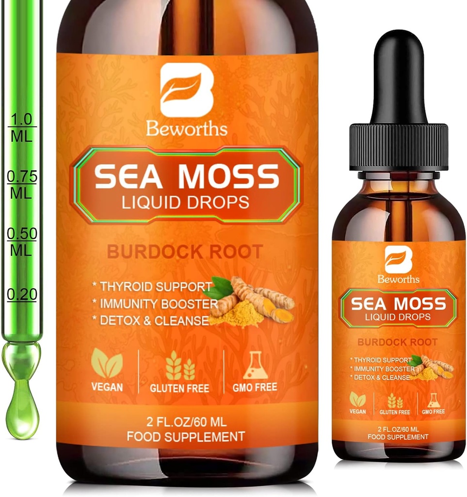 Sea Moss Liquid Drops - Gel Orgânico Irlandês Sea Moss Raw com Burdock Root, Tumeric, Spirulina, Seaweed Moss Gel Suplemento para Gut Health & Antioxidant Supports - 2 Fl Oz