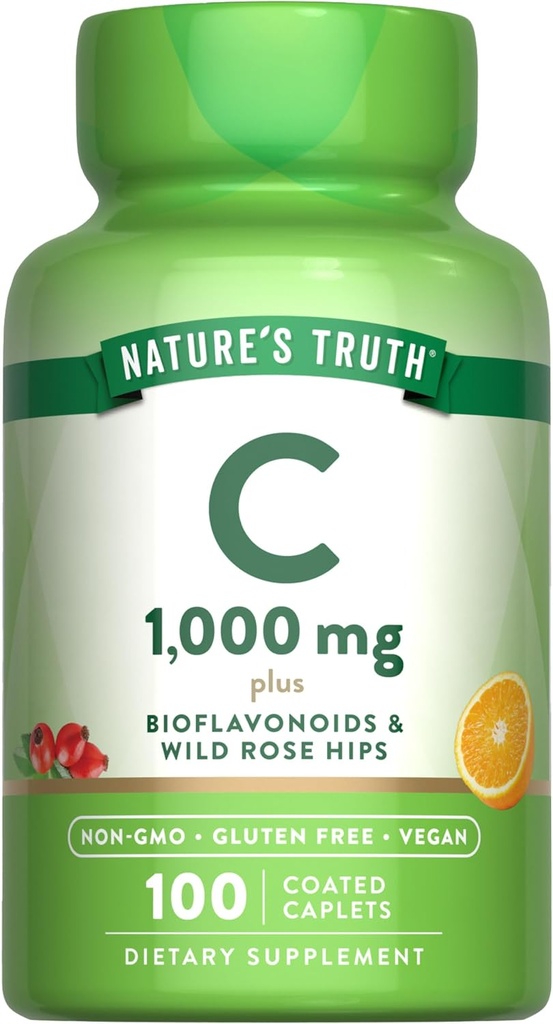 Vitamina C Bioflavonoidi & Rose HIPS | 1000mg | 100 Caplets | Vegan, Non OGM e Gluten Supplemento gratuito