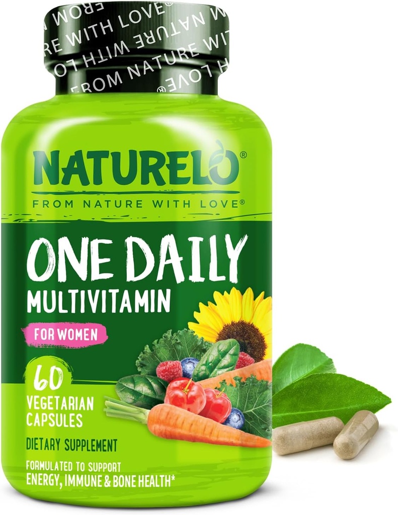 NATURELO One Daily Multivitamin per a Dones w/Vitamin B12, 60 Ct, Implementació de l'Energia, tots els aliments de les dones Multivitamin suplementaris, pèls/Skin/Nail, No-GMO, Soy, Guten Free, 2 de mes