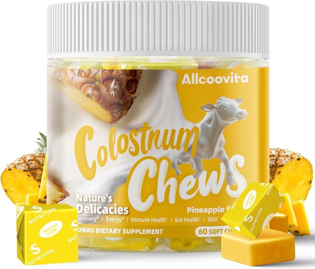 Bovine Colostrum Chews Suplemento com probióticos para Gut Health, Bloating, Imune Support, Pele, Crescimento do cabelo e beleza - Pineapple Flavor (60 Servings)