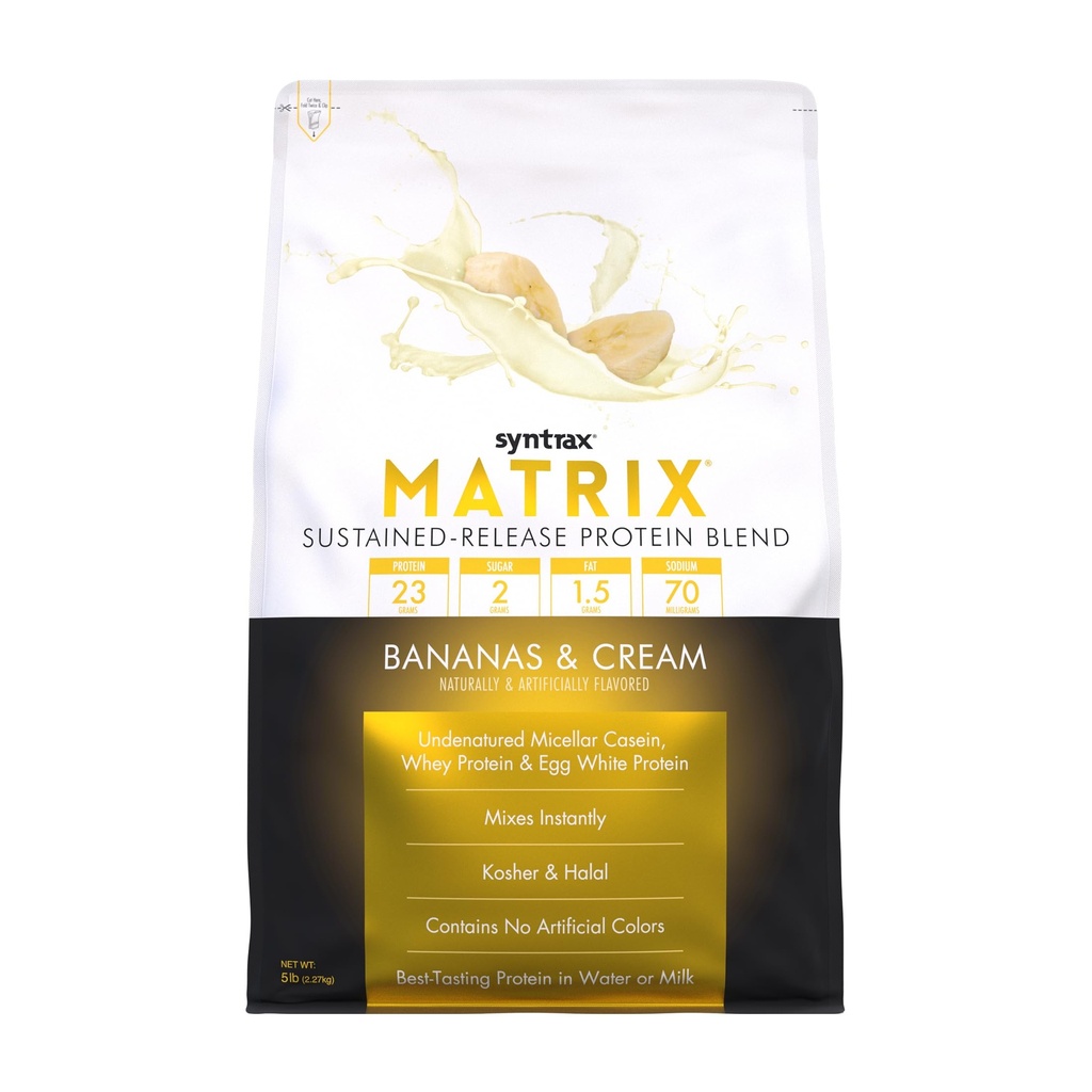 Syntrax Nutrition Matrix - Sustained-Release Protein Blend with RBST-Free Grass-Fed Whey, Micellar Casein & Egg White Protein, Bananas & Cream Flavor, 5 lbs.