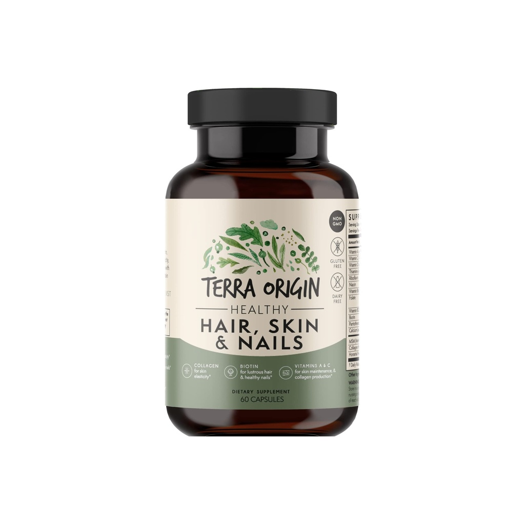 TERRA ORIGIN Healthy Hair, Skin and Nails Supplement | Collagen, Biotin, Horsetail & B-Complex | Supports Hair Strength, Skin Elasticity & Nail Growth | Vitamins for Women and Men | 60 Capsules