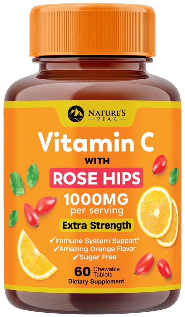 Vitamin C 1000mg Per Serving - Extra Strength Daily Immune Support with Rose Hips Chewable Supplement - Sugar Free Tasty Orange Flavor - Antioxidant & Collagen Support - USA Bottled - 60 Tablets