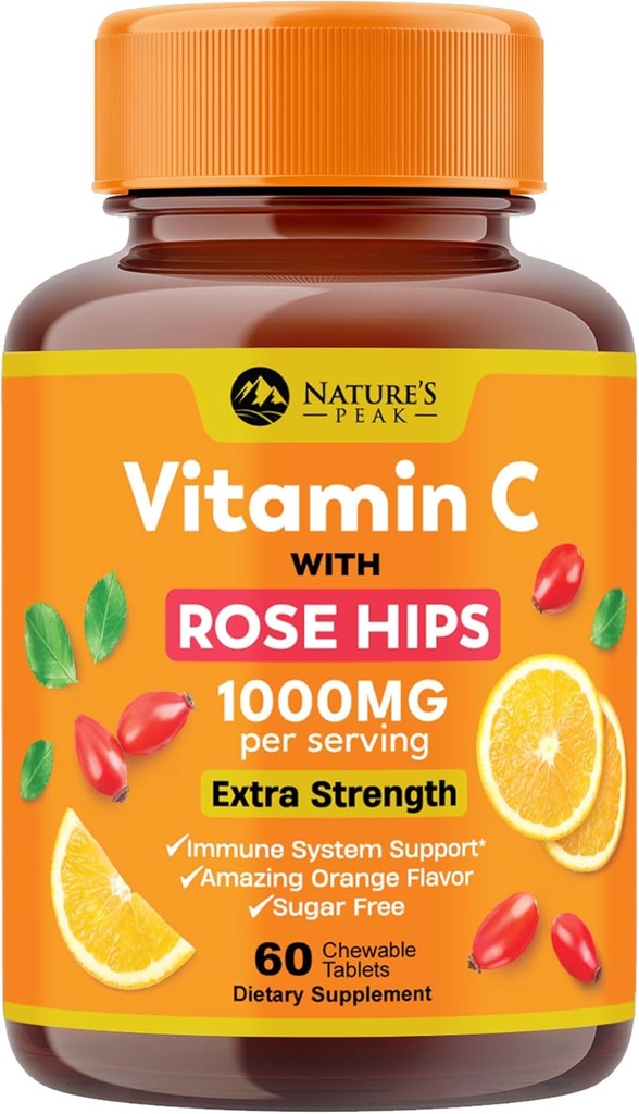 Vitamina C 1000mg Suplemento mastigável - Força extra Imune Support Suplemento dietético vitamina C com Rose HIPS, VitaminaC Antioxidante Suporte da natureza, Natural, Vegan, sabor laranja - 60 comprimidos