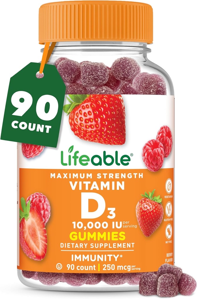 Lebensfähiges Vitamin D3 10000IU | Great Tasting Bone Strength Supplements | Vitamin D3 Gummis für Knochen Gesundheit | Vitamin D Gummis für Erwachsene, Männer, Frauen | 90 Gummis