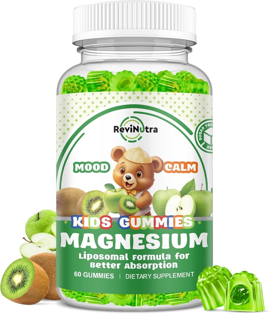 Liposomal Kids Magnesium Gummies- Magnesium Glycinat Gummies for barn Supplement-w / Omega-3, Vitamin B6, D3-støtte Calm Stress Relief, Bein, Mood, Grønn Apple & Kiwi Flavor, 60 Count