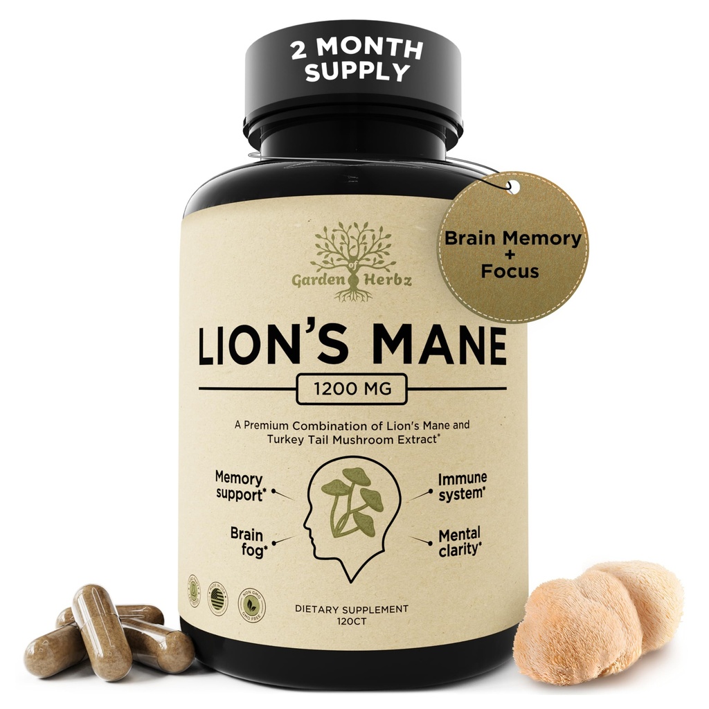 Lion's Mane Mushroom Supplement Capsules with Turkey Tail for Memory & Focus - 10:1 Extract, Brain Fog Support, 1200mg, 3rd Party Tested, Non-GMO, Vegan, Made in USA, 120 Capsules, 2 Month Supply