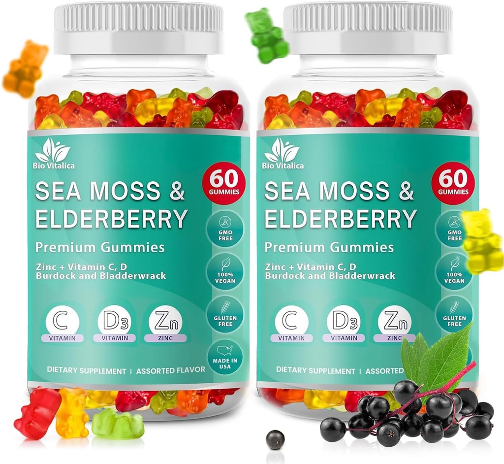 BIO VITALICA Sea Moss Gummies Elderberry BioVitalica - C D bitamina + Zinc - Irish Seamoss Vegan Gummy with Sea Moss Gel & Powder for Immunity, Detox - helduentzat eta haurrentzat (2Packs)