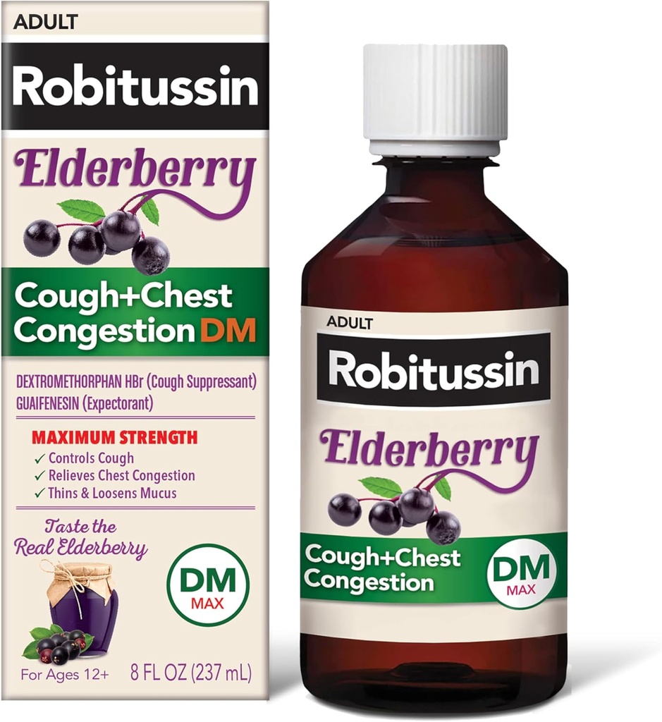 Robitussin Putere maximă Elderberry Tuse Plus Congestie toracică DM, Supresant Tuse pentru adulți, Furnizarea de lichid Tuse și congestie toracică ajutor - 8 Fl Oz
