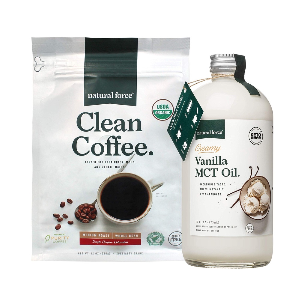 Natural Force Organic Clean Coffee + Creamy Vanilla MCT Oil Bundle – Flavored MCT Creamer & Mold & Mycotoxin Free Coffee – Non-GMO, Keto, Paleo, and Vegan - 12 Oz Bag and 16 Oz Glass Bottle