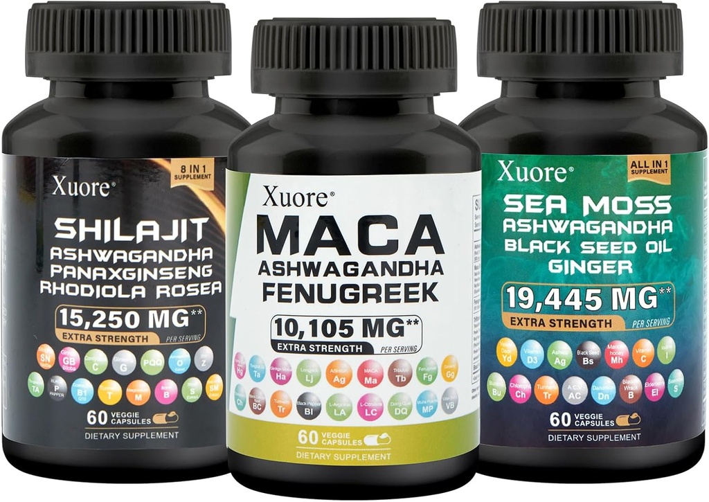 Bundle of Sea Moss,Shilajit,Maca, Black Seed Oil, Ashwagandha, Ginger, Shilajit, Rhodiola Rosea, Panax Ginseng, Maca Root, Fenugreek, Trifibranol100X,All in 1 Supplements (1 Pack)