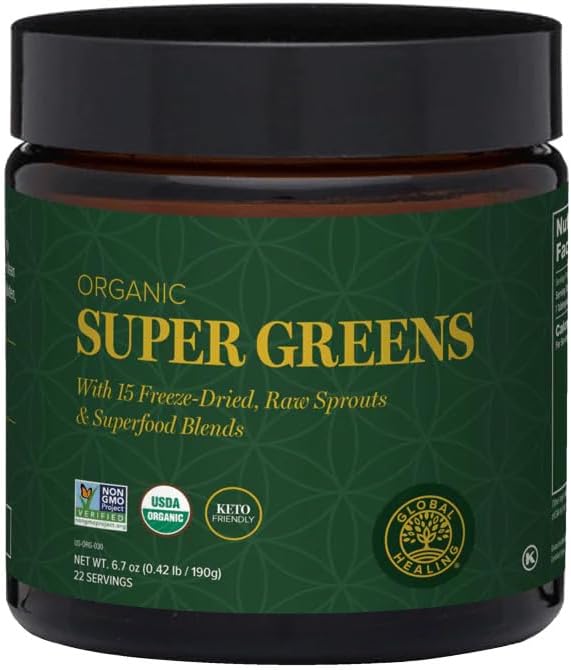 Global Healing Organic Super Greens pulver blanding - Grønn Superfood pulver med 15 rå hele spruter - Delicious Grønn Juice Smoothie Mix for daglig ernæring - ikke-GMO, Glutenfri Grønn kosttilskudd