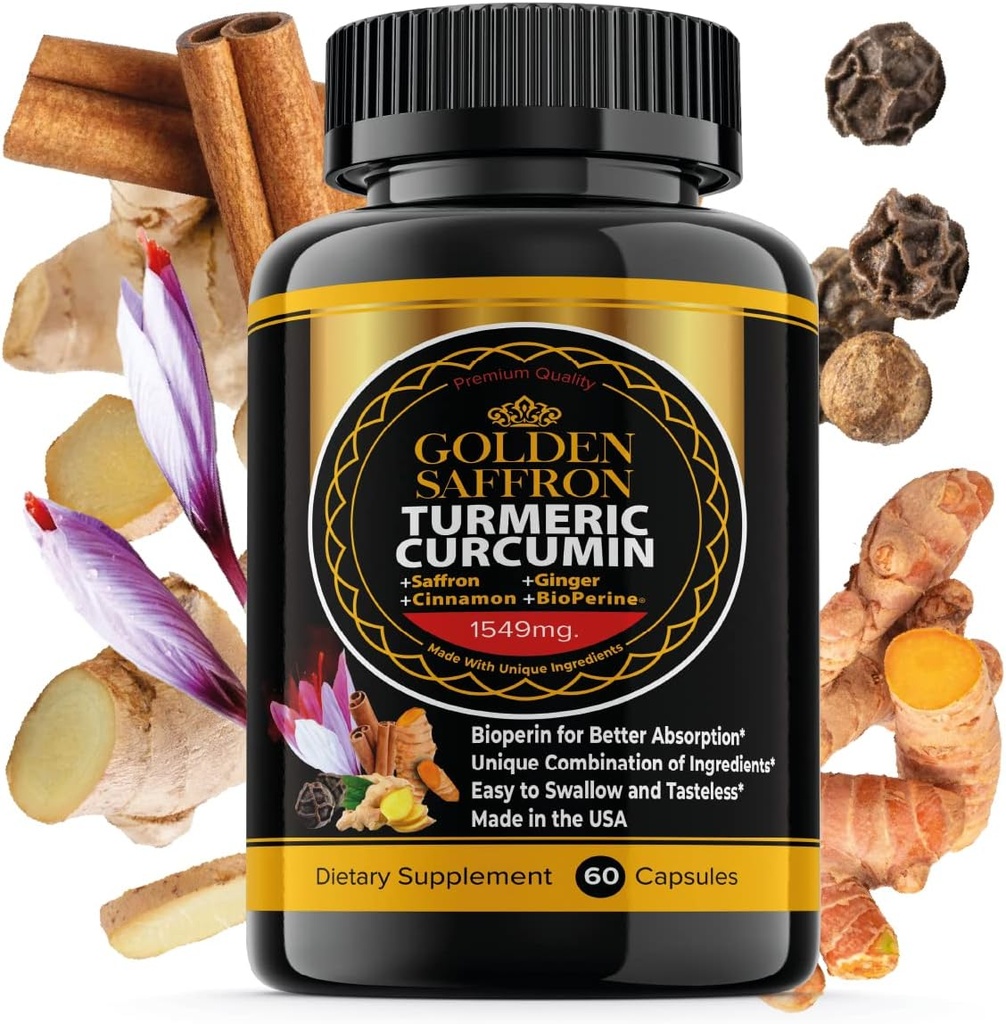 GOLDEN SAFFRON Turmeric Curcumin Supplement with Bioperine, Saffron, Cinnamon eta Ginger - High Potency, Non-GMO, Gluten-Free Supplement for a Better efficientness. Estatu Batuetan egina