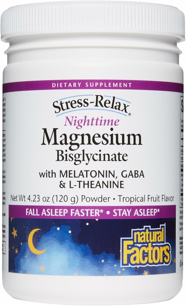 Fattori naturali Stress-Relax Magnesio notturno Bisglycinate - Supporta il sonno e il relax* - con Melatonina, L-teanina & GABA - Tropical Flavor - 4.23 oz