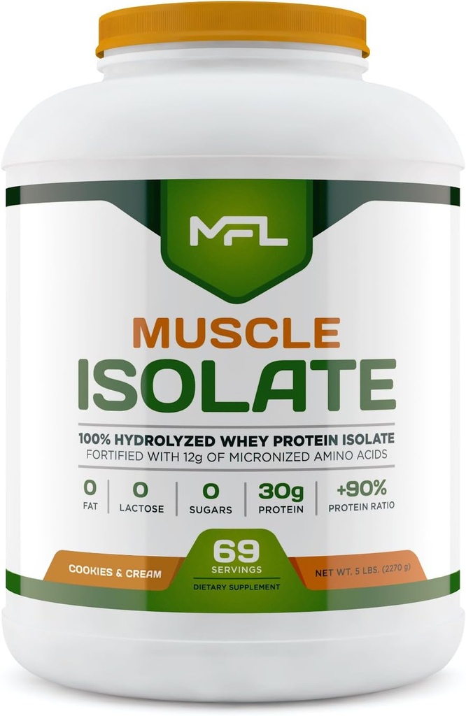 MFL 100% Isolé Protéine l 30g de Protéine l 12g Acides aminés l Keto Friendly l Faible Carbs l 5 lbs. (Cookies et crème)