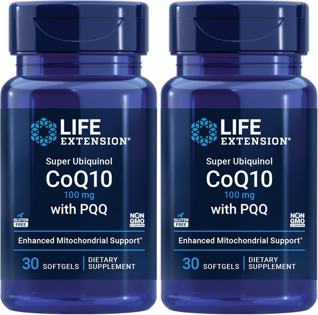 Life Extension Super Ubiquinol CoQ10 PQQ, CoQ10, PQQ, shilajit, Heart Health, Cellular Energy Support, 8X Parempaa imeytymistä, Gluteeniton, 100 mg, 30 softgels (paketti 2)
