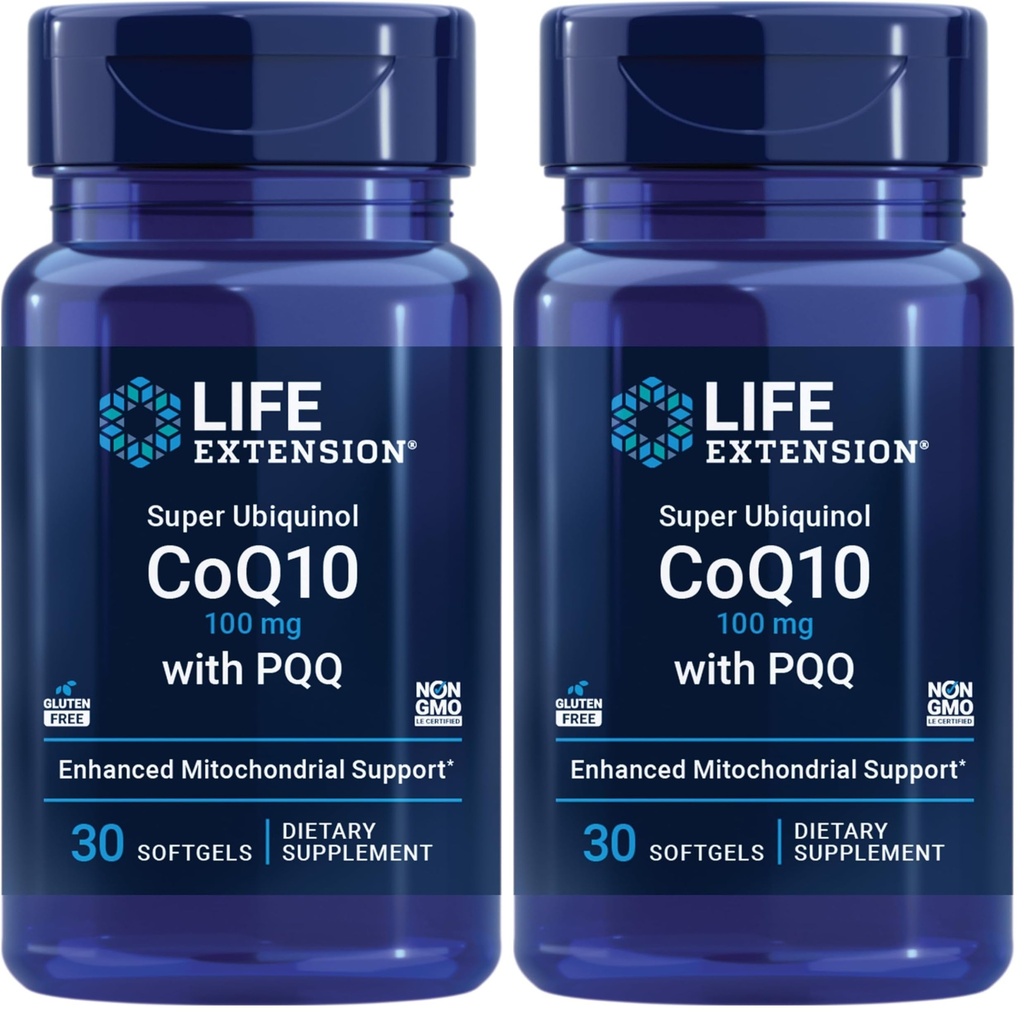Life Extension Super Ubiquinol CoQ10 with PQQ, coenzyme Q10, pyrroloquinoline Quinone, Heart Health Supplement, Maximum Absorption, 100 mg, Non-GMO, Gluten-Free, softgels, 30 Count (Pack of 2)