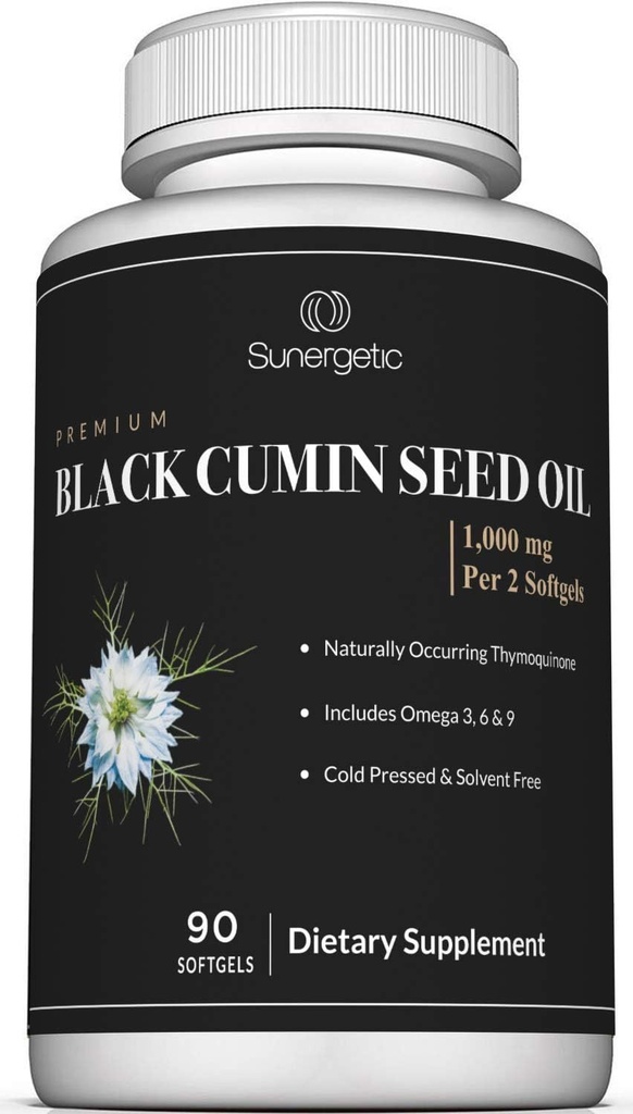 Sunergetic Premium Black Cumin Seed Oil Softgels - 1,000mg de Black Seed Oil Per Serving - Non GMO Cold Pressed Nigella Sativa - inclúe Thymoquinone & Omega's - 90 Softgels